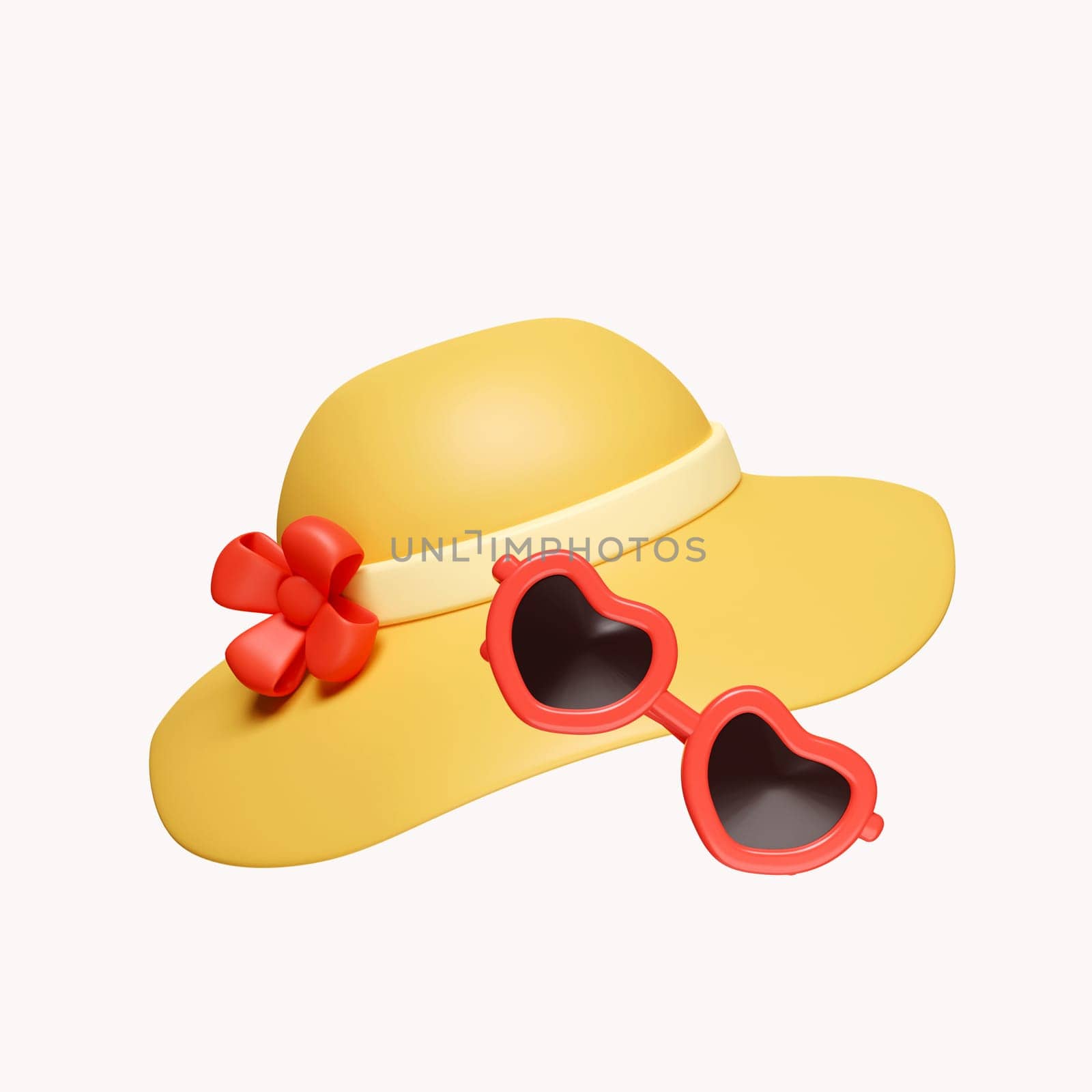 3d Red sunglasses yellow hat. vacation time. summer vacation concept. icon isolated on white background. 3d rendering illustration. Clipping path..