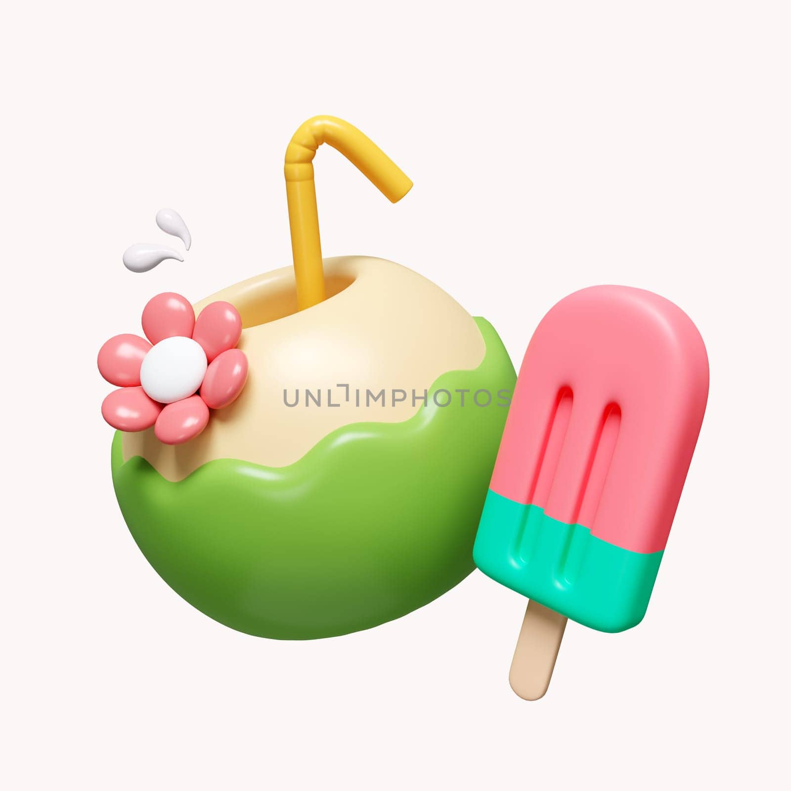 3d coconut and ice cream for summer time. icon isolated on white background. 3d rendering illustration. Clipping path..