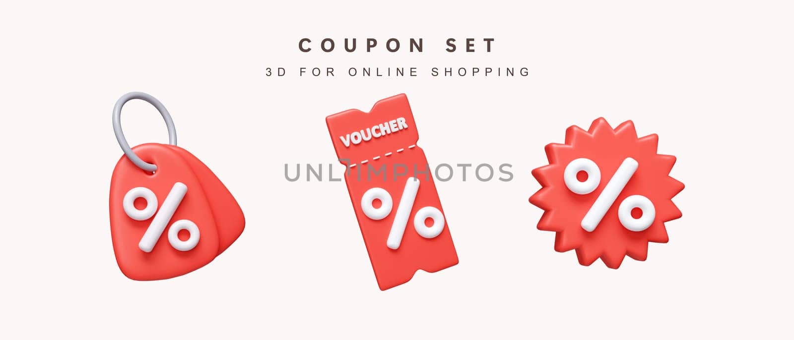 3d Set of red coupon discount for shopping online concept. icon isolated on white background. 3d rendering illustration. Clipping path..