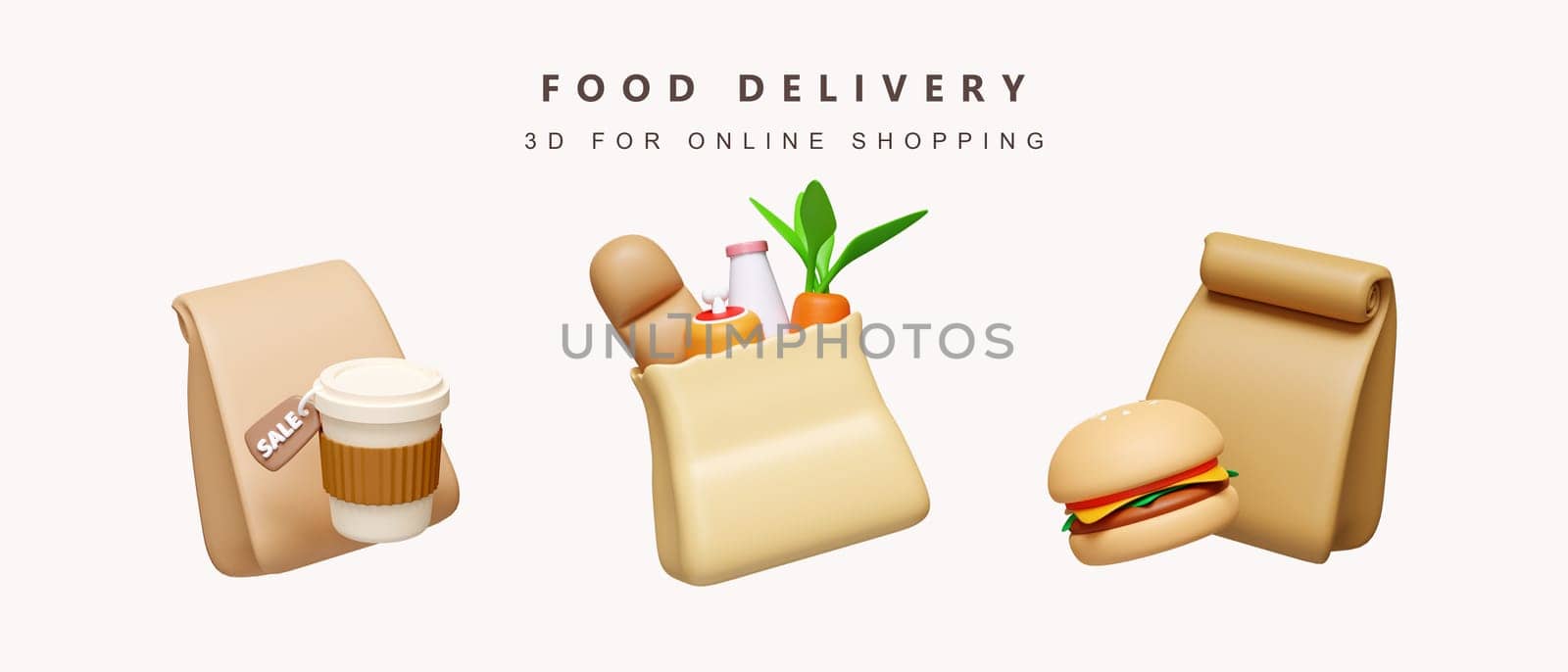 3d Set of food for food delivery concept. icon isolated on white background. 3d rendering illustration. Clipping path..