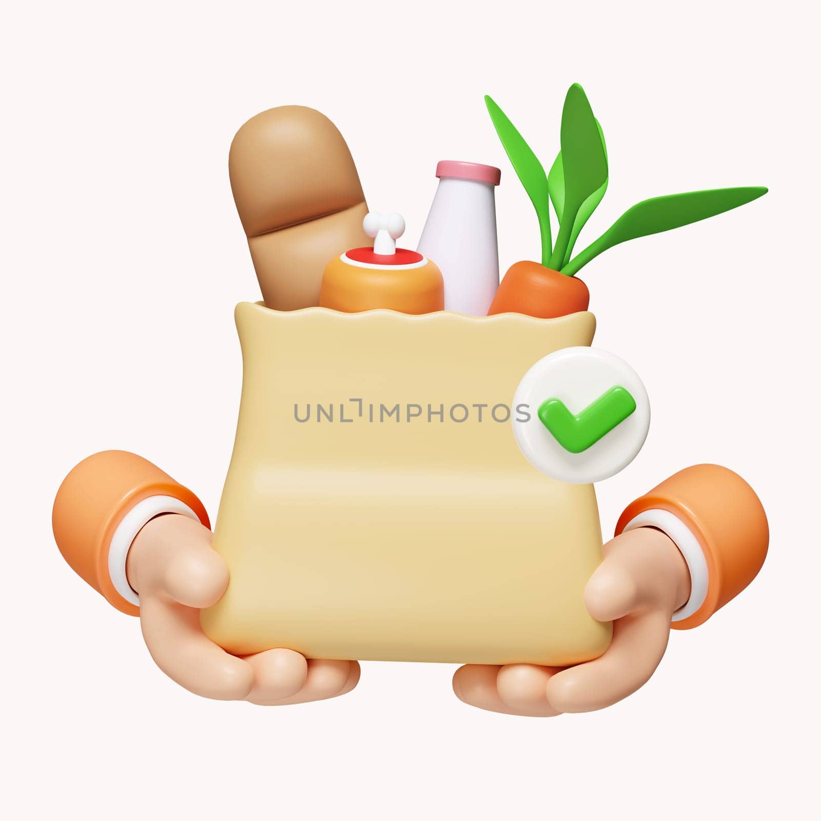 3d hand hold bag with food and correct mark . food delivery successfully. icon isolated on white background. 3d rendering illustration. Clipping path..