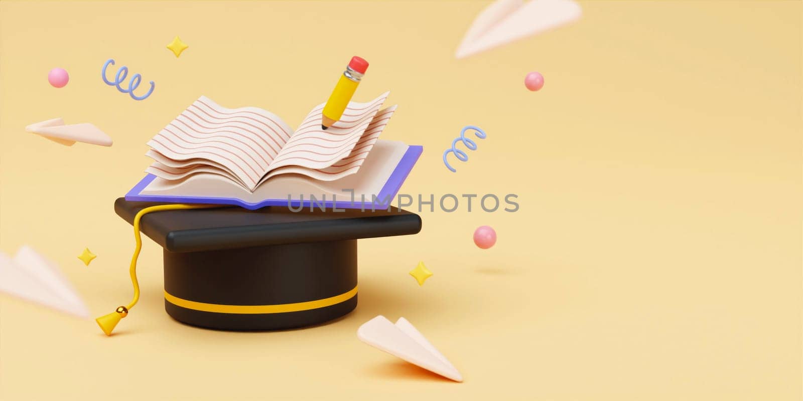 back to school graduation hat certification pen accessories icon 3d rendering. by meepiangraphic