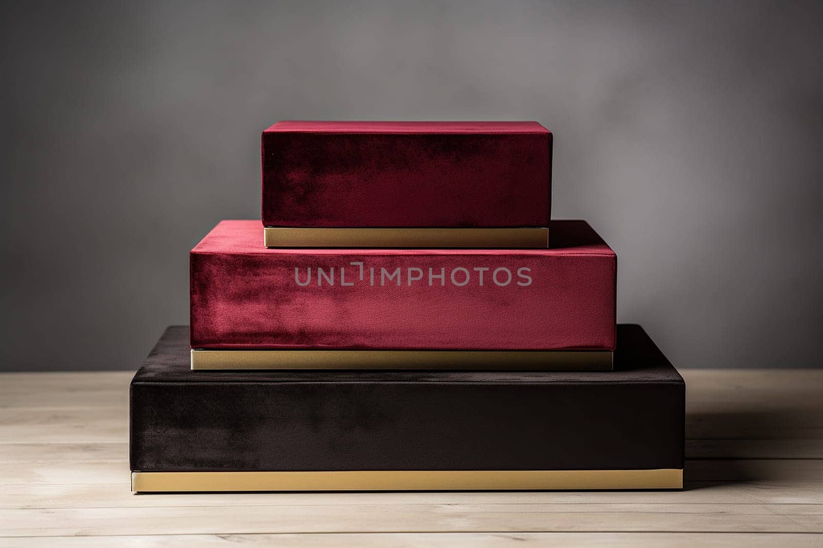 Velvet stand for demonstrating products against the backdrop of a cement wall. Background for product presentation. Generated by artificial intelligence by Vovmar
