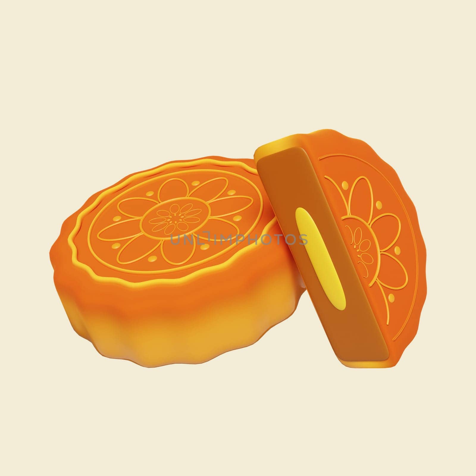 3d mooncake. Mid autumn festival. icon isolated on yellow background. 3d rendering illustration. Clipping path. by meepiangraphic