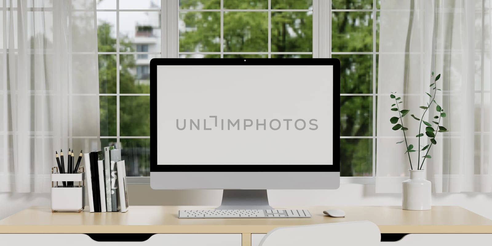 Creative workspace with computer blank screen mockup is on a table in a modern minimal home office. 3d rendering. by meepiangraphic