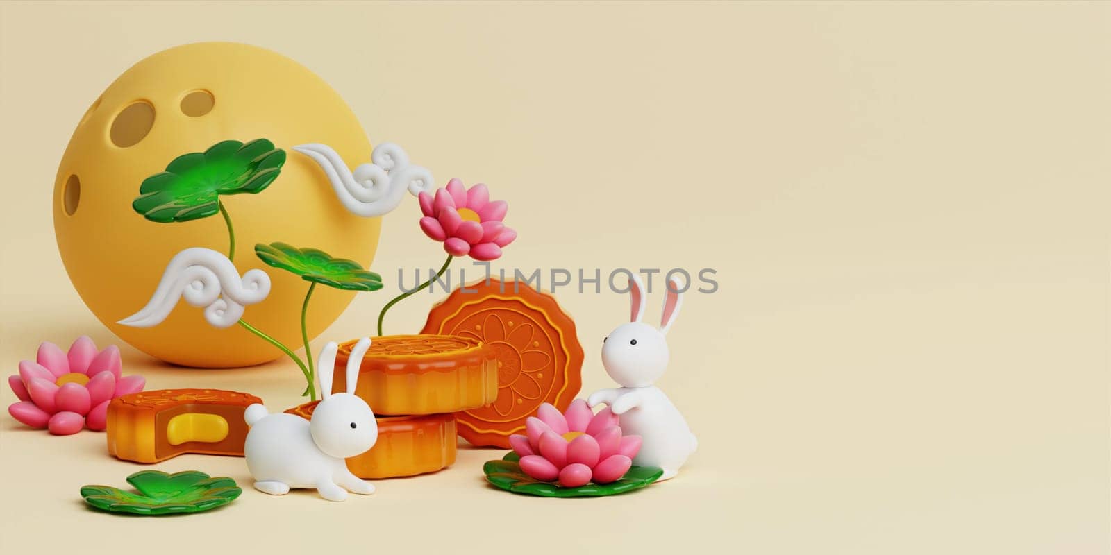 3d cute rabbits and baked mooncake with lotus, full moon on yellow background. Chinese palace aside. Translation: Happy mid autumn festival. 3d render by meepiangraphic