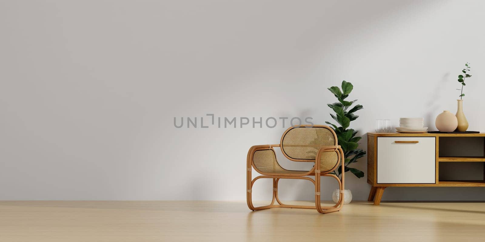 Living room interior mockup. chair with coffee table and decoration on empty warm neutral wall background. 3d rendering, illustration.