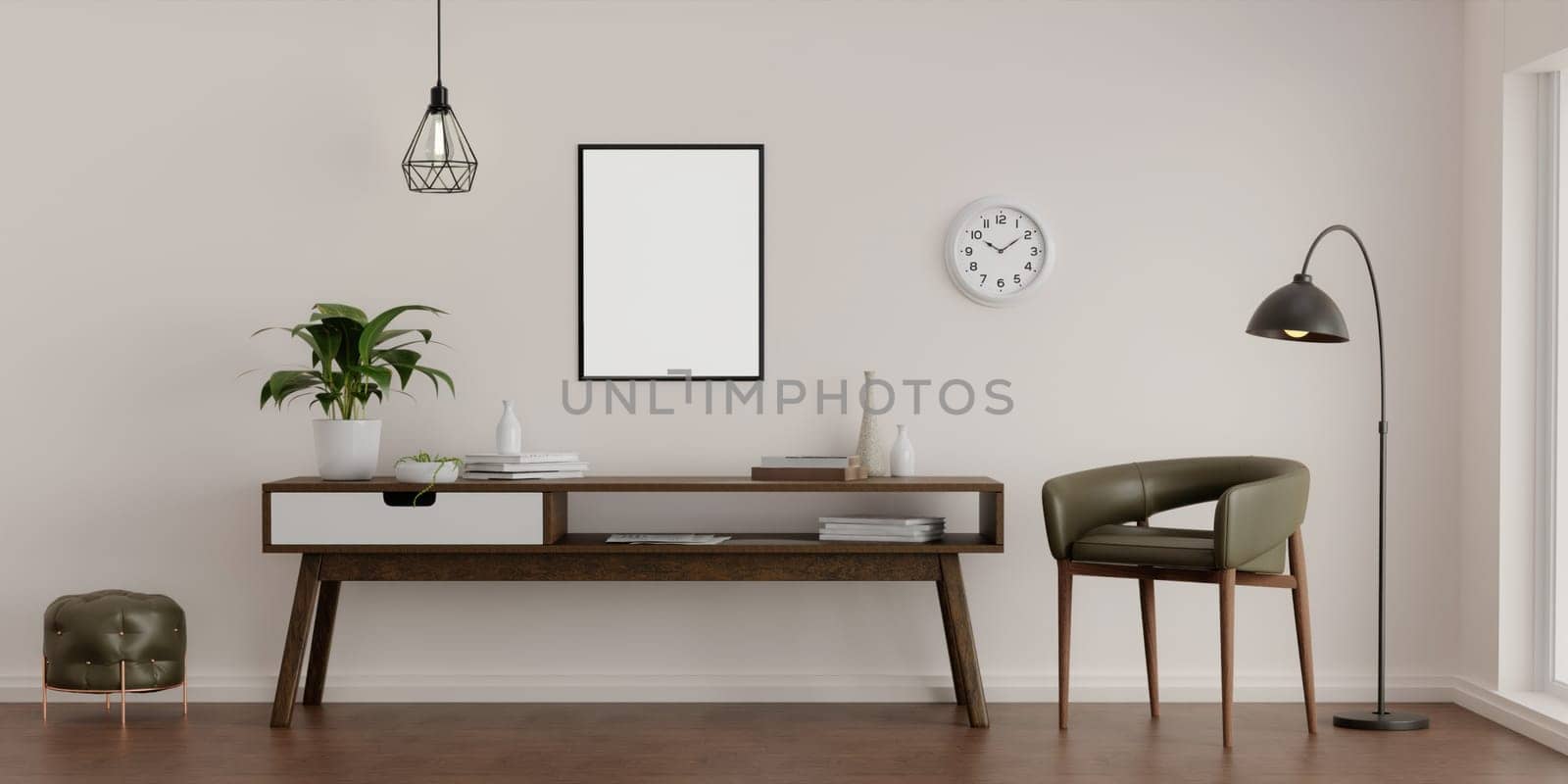 Blank vertical poster frame mock up in Modern living room with wooden cabinet, armchair and decorations. 3D render illustration.