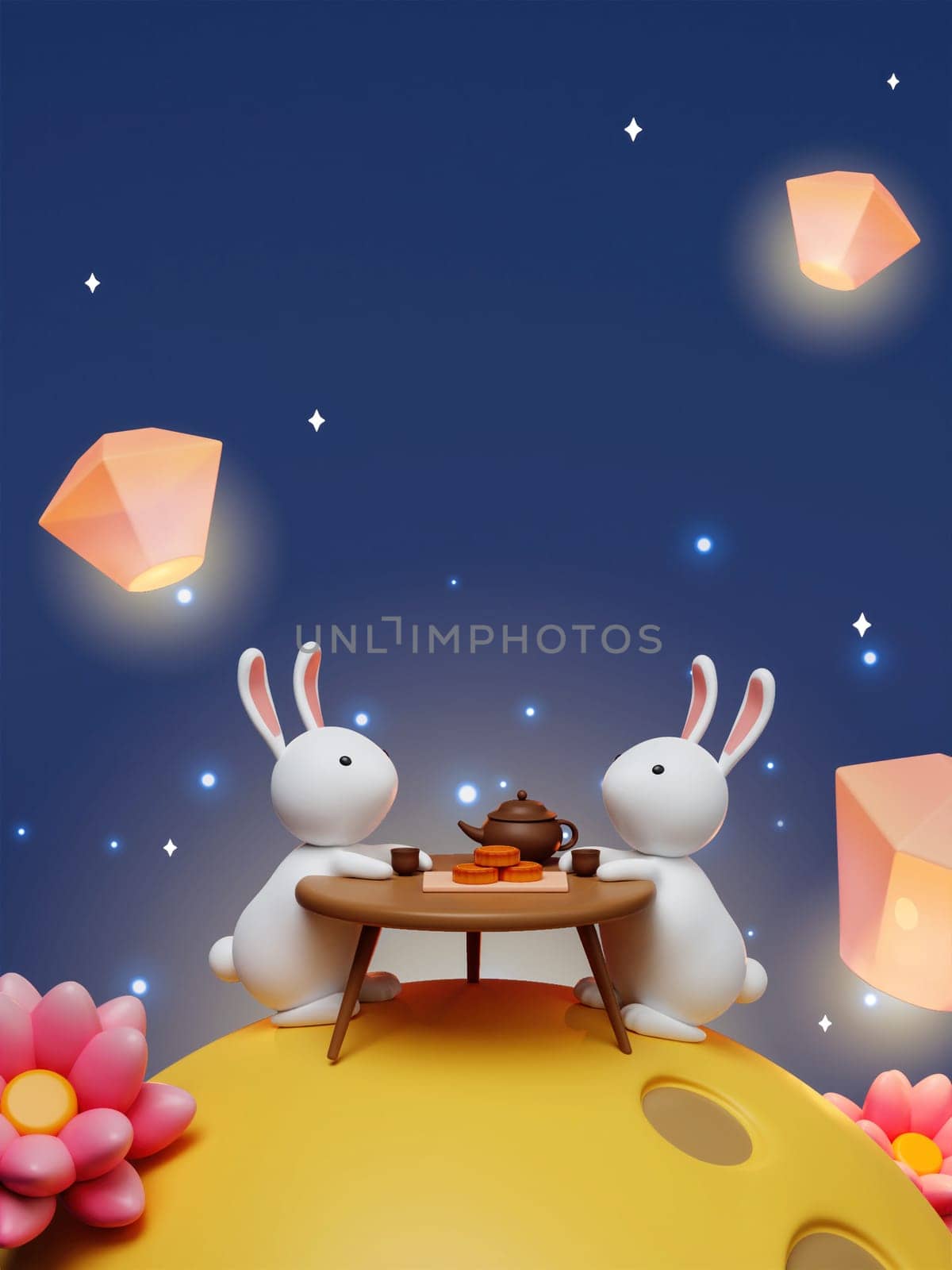 3d Rabbit drinking tea on the moon wit lotus and lanterns on night background. Chinese palace aside. Translation: Happy mid autumn festival. 3d render by meepiangraphic