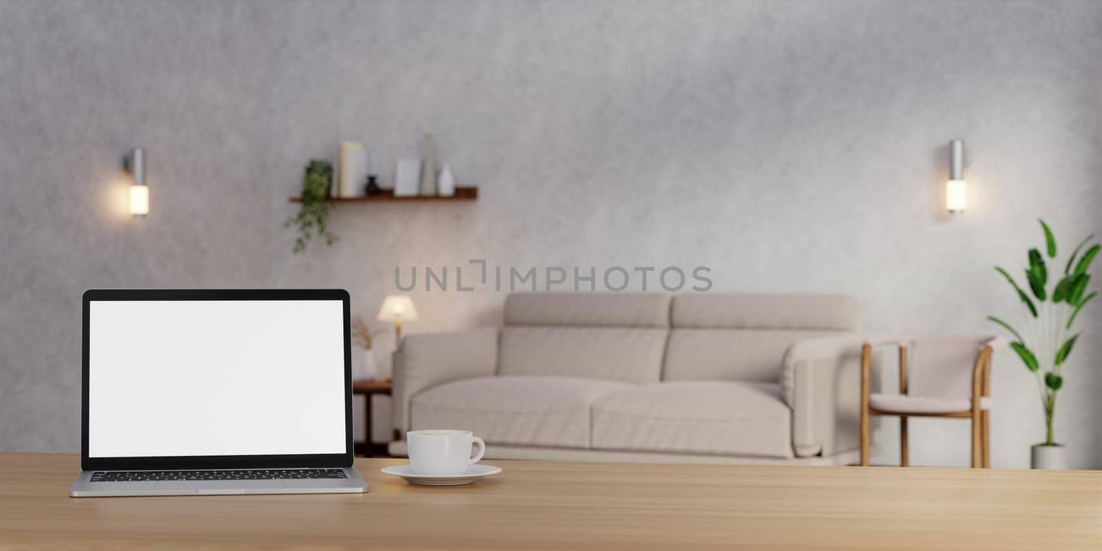 A desk with a laptop mockup with a blurred modern living room in the background. 3d render illustration.