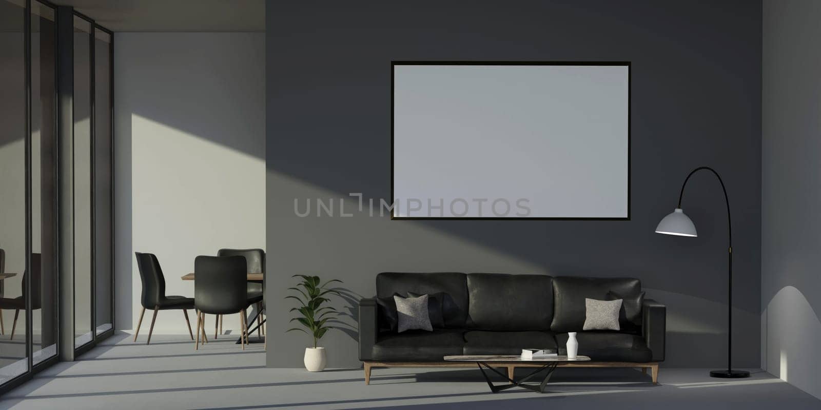 Blank horizontal poster frame mock up in Dark contemporary waiting room interior. Minimalist Scandinavian design. 3d rendering by meepiangraphic