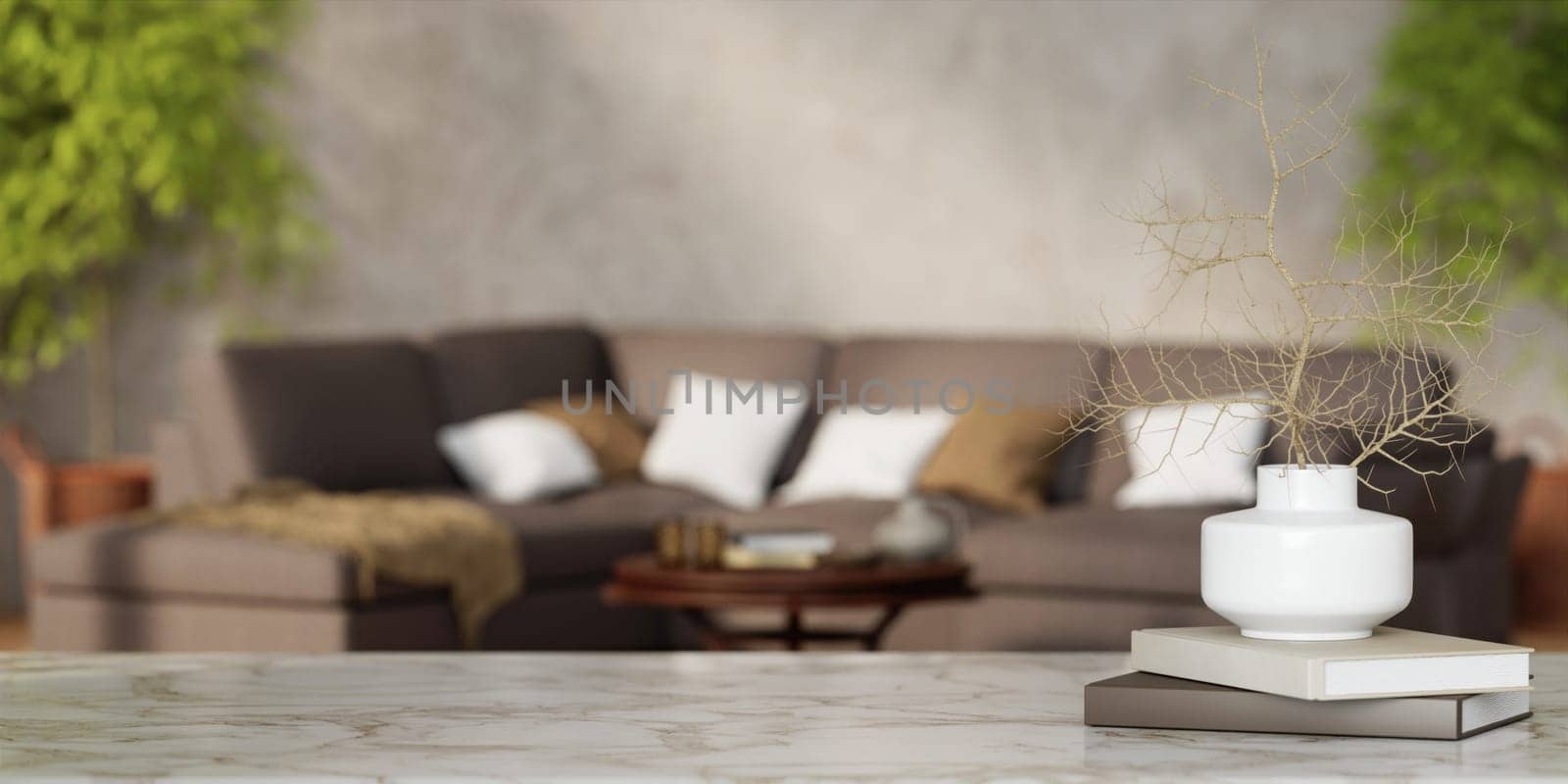 Modern Living room with sofa and decorate plant Minimal style 3d render, white wall and wood floor 3d render, by meepiangraphic