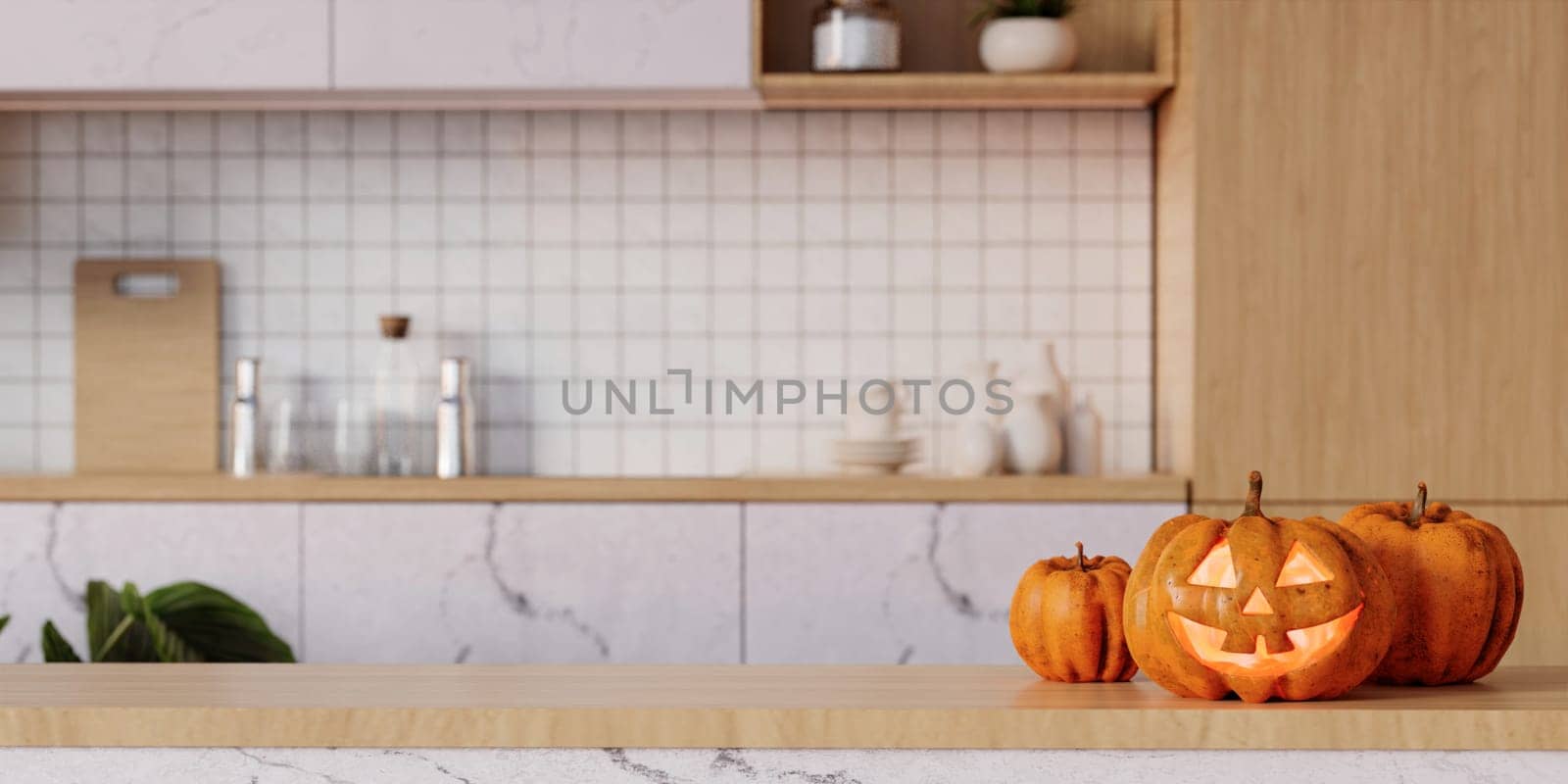 Pumpkin jack o'lantern on wooden table in kitchen, space for text. Halloween celebration. 3d render..