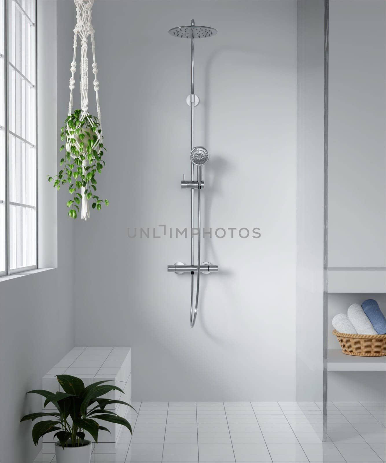 Minimal style white bathroom 3d render, white wall and ceramic floor, The room has large windows. 3d render.