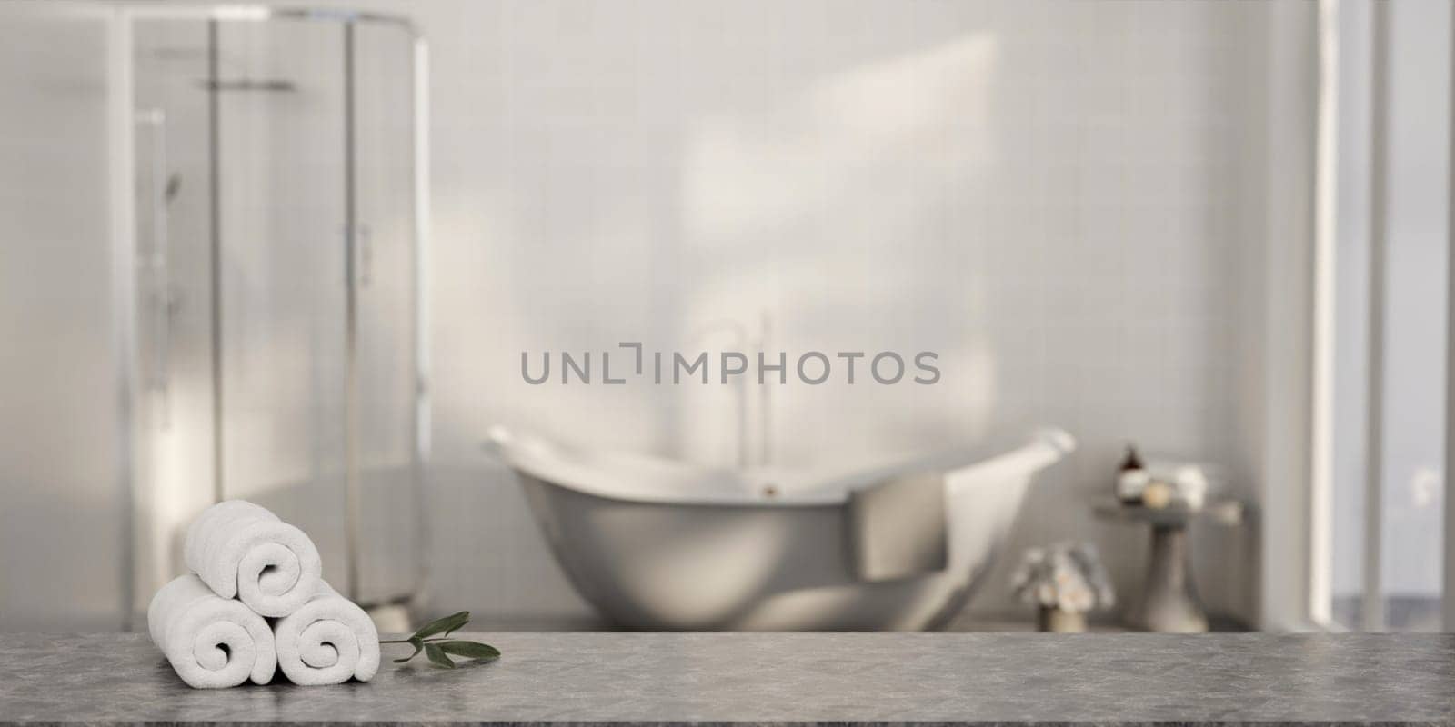 Minimal style white bathroom 3d render, white wall and ceramic floor, The room has large windows. 3d render.