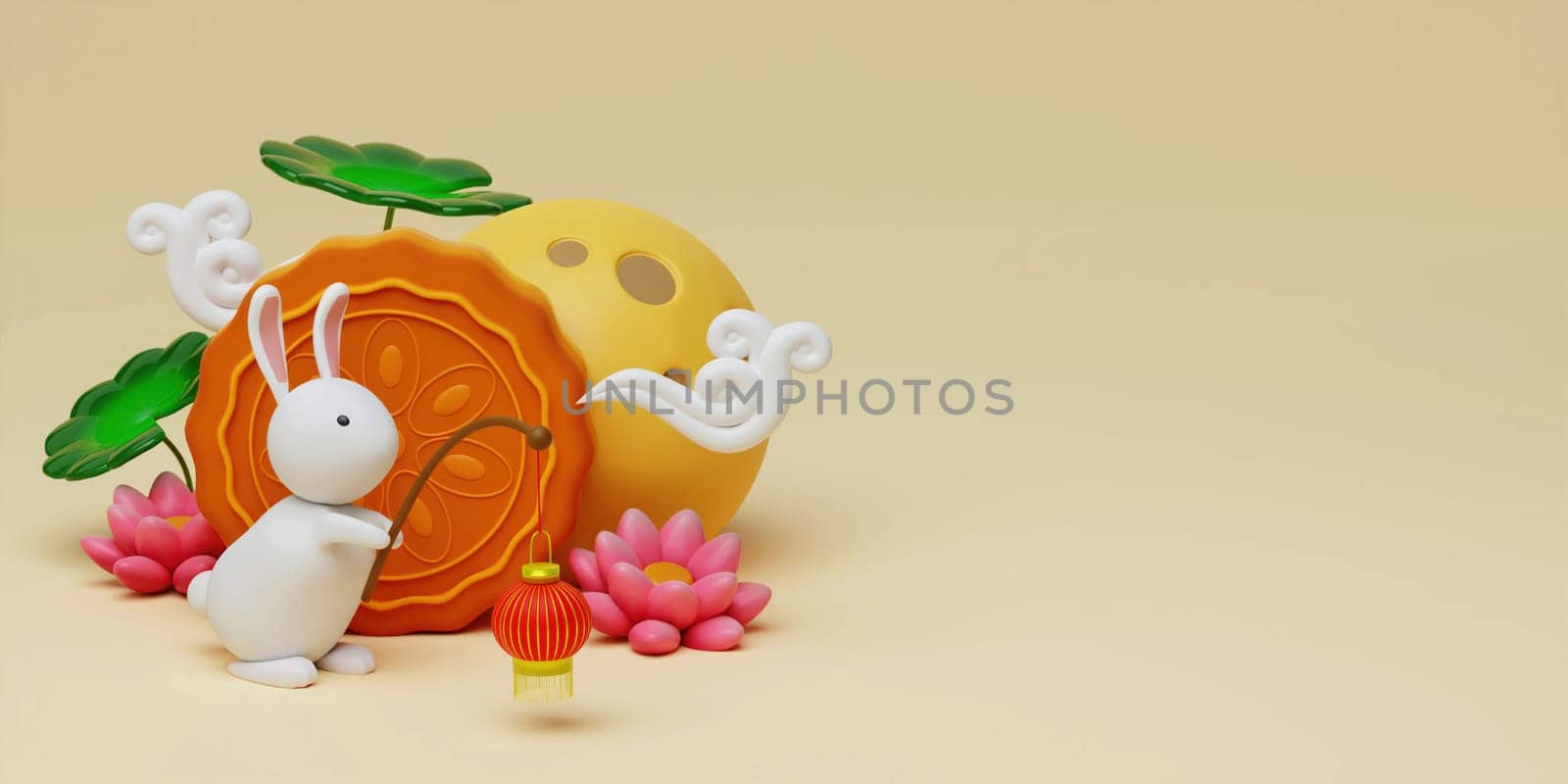 3d Rabbit holding lanterns with baked mooncake and lotus, full moon on yellow background. Chinese palace aside. Translation: Happy mid autumn festival. 3d render by meepiangraphic