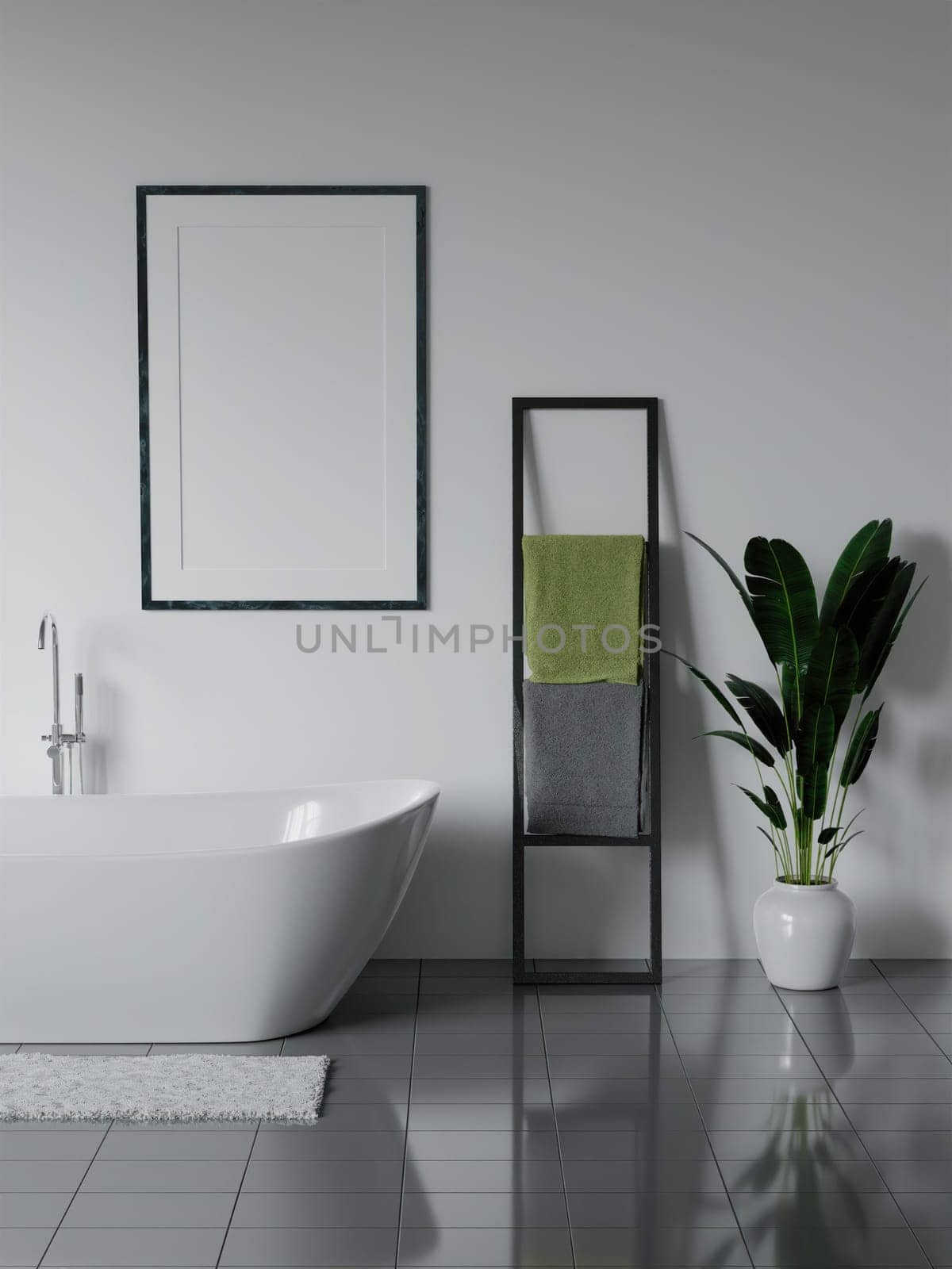 modern white bathroom with white floor minimal interior design, 3d render.