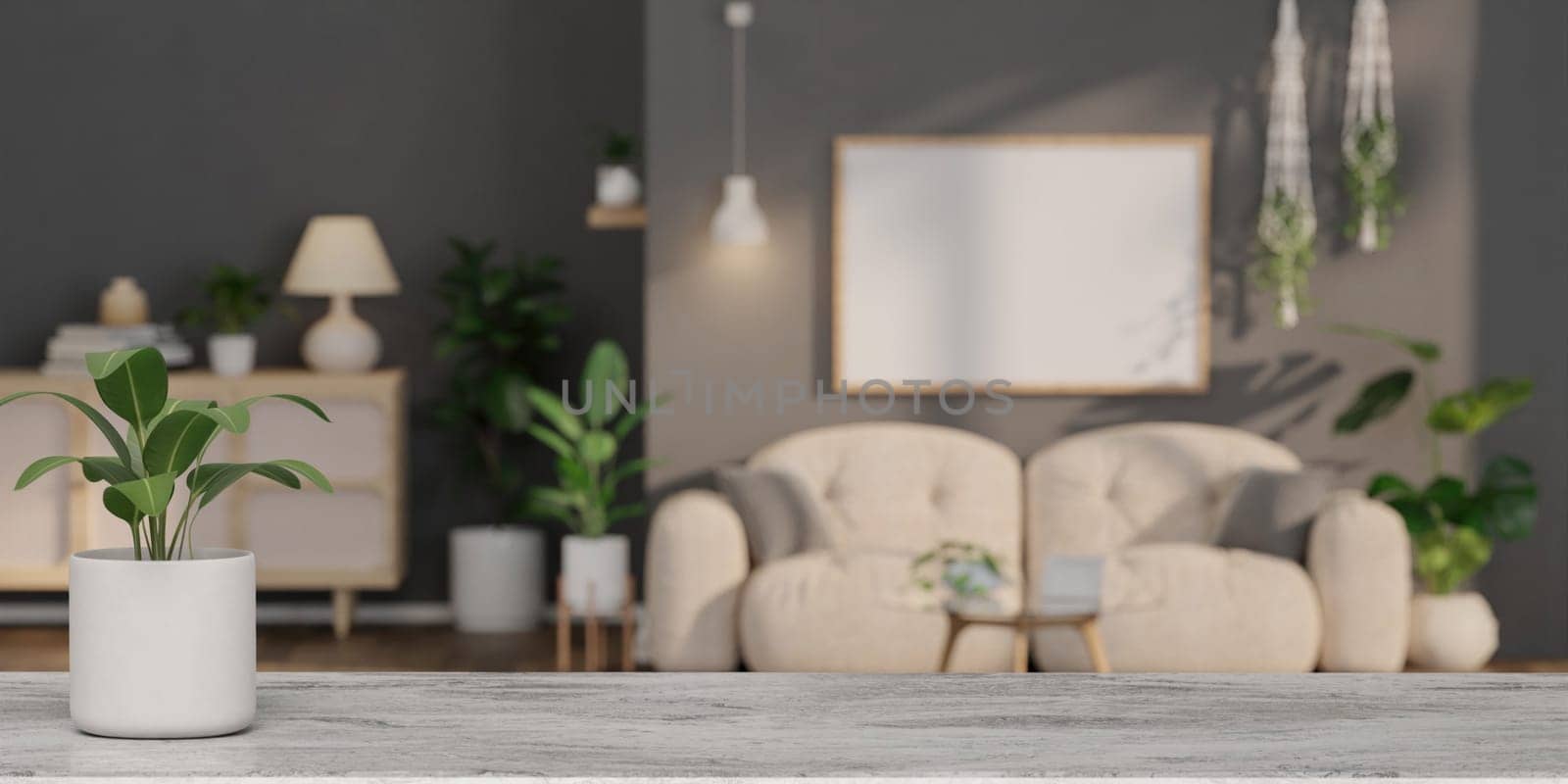 A blank top space with Modern Living room with sofa and decorate plant Minimal style 3d render, white wall and wood floor 3d render, by meepiangraphic