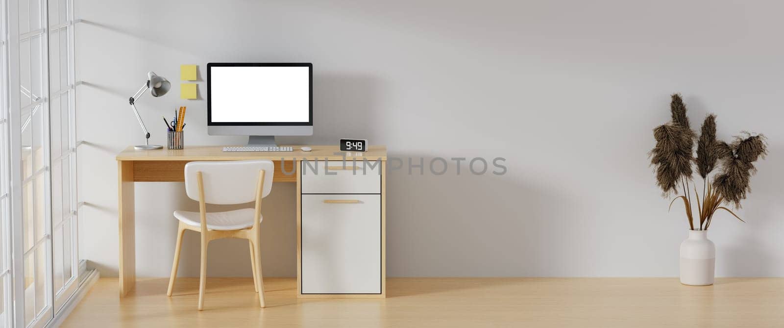 3D render of interior modern living room workspace with desk and desktop computer. Home office is a safe place to work. by meepiangraphic