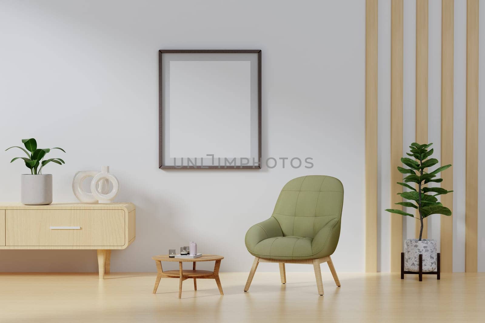 Blank vertical poster frame mock up in living room interior, modern living room interior background, green sofa. 3d rendering illustration.