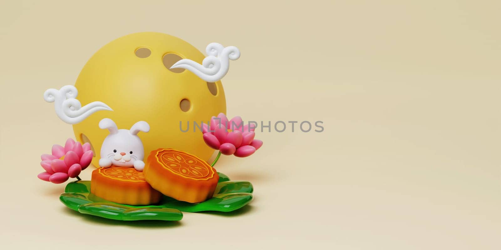 3d cute rabbits on baked mooncake with lotus and full moon on yellow background. Chinese palace aside. Translation: Happy mid autumn festival. 3d render.