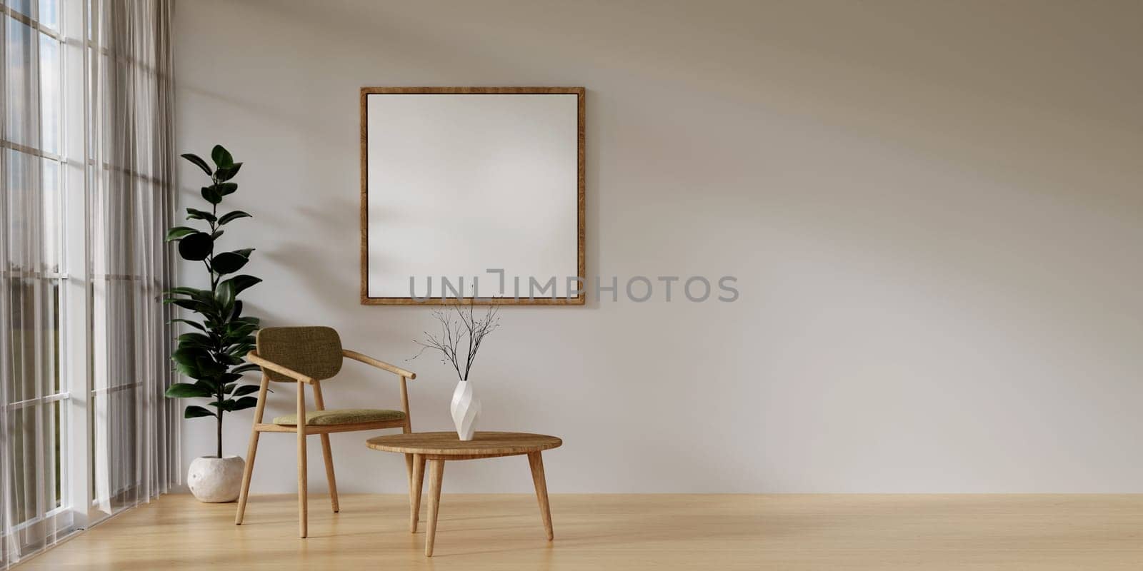 Blank vertical poster frame in Living room interior mockup. wooden table with coffee table and decoration on empty warm neutral wall background. 3d rendering, illustration.