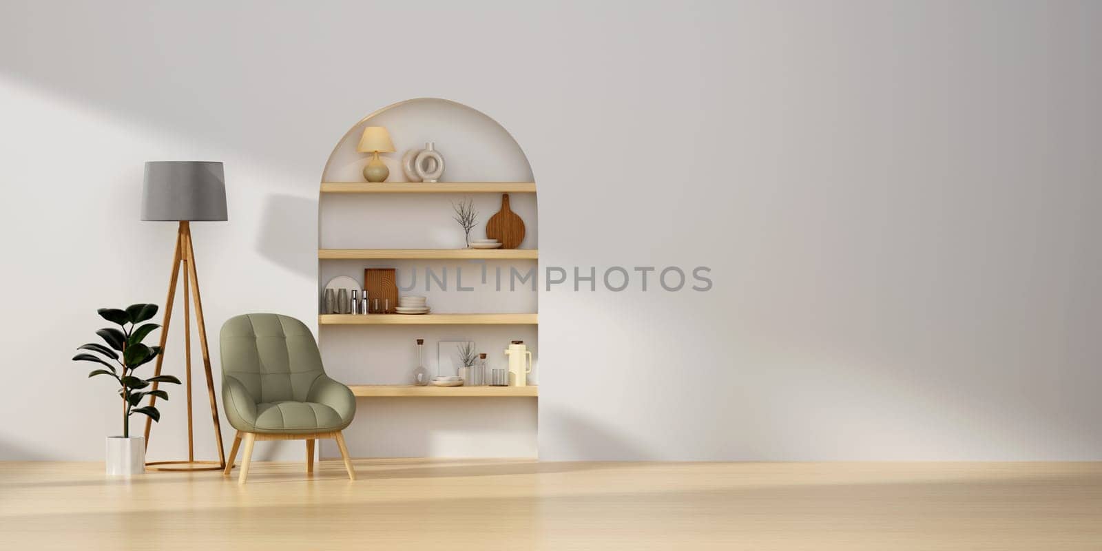 Contemporary interior living room design interior, bright walls, hardwood flooring, sofa, armchair with lamp. Concept of relax. 3d rendering.