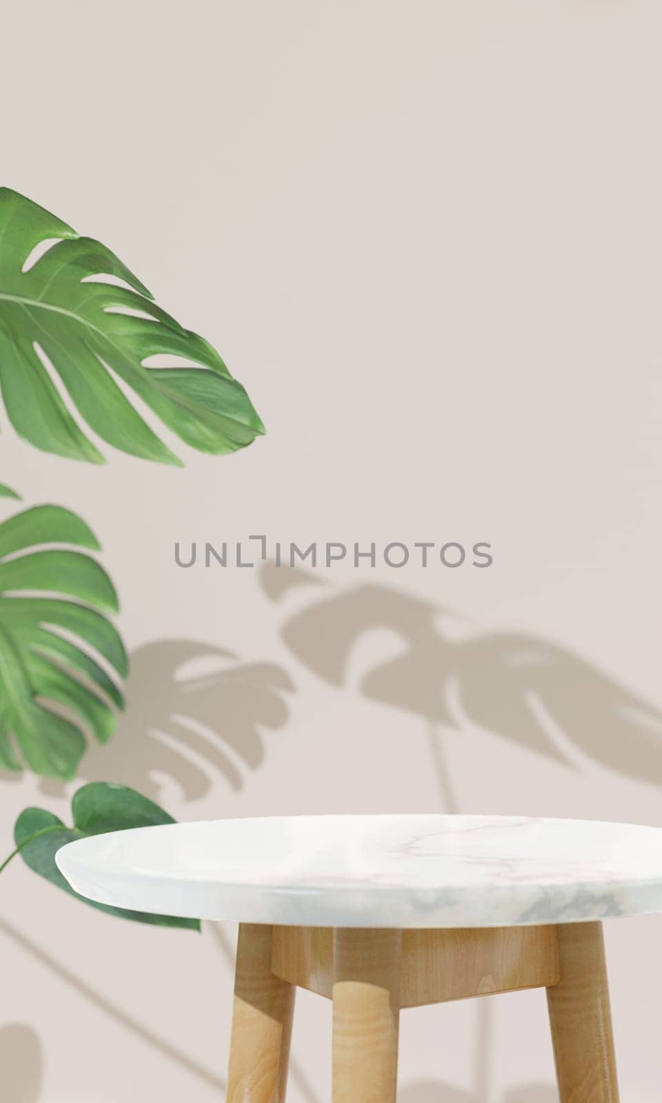 Blank empty marble table top for products mock up in minimal room. wall background with house plant. Copy space. 3d rendering illustration.