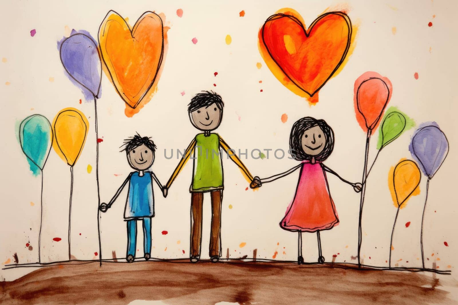 Family drawing and heart shaped balloon and holding hands