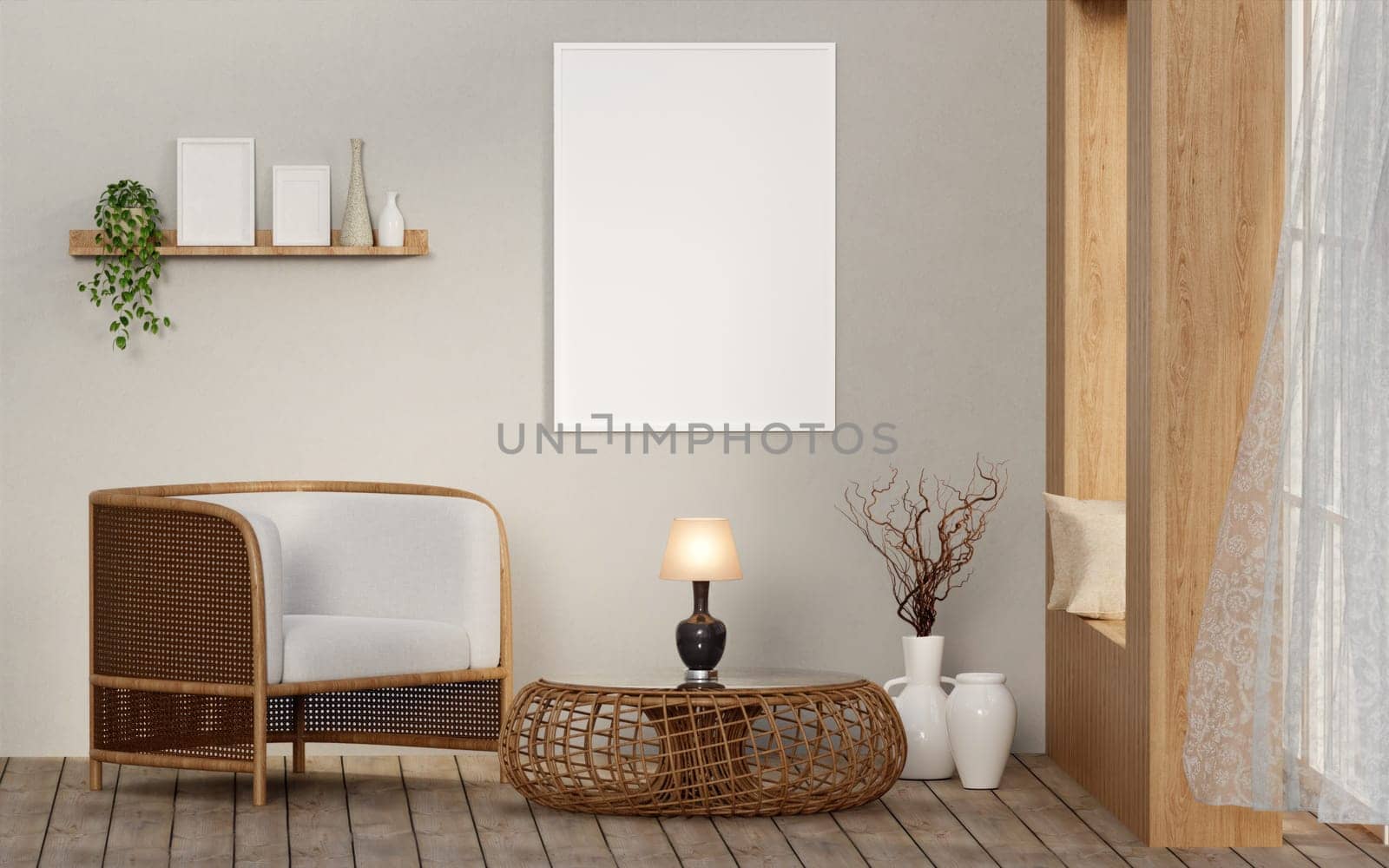 Living room with white picture frame mockup on white wall and wood floor, minimalist arm chair and plant, realistic lighting. Decorated home mockup , 3d rendering illustration by meepiangraphic