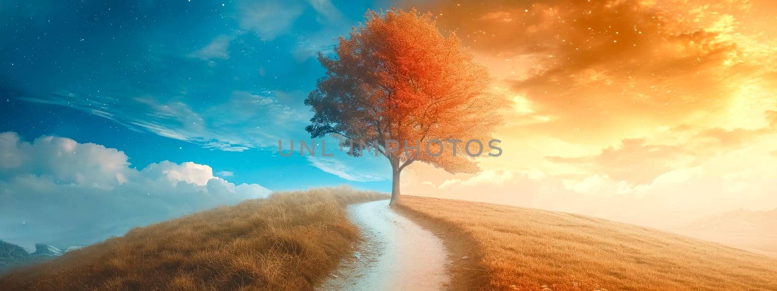 Scenic view of a split pathway under a vibrant tree with day and night sky merging, ideal for concept art by Edophoto