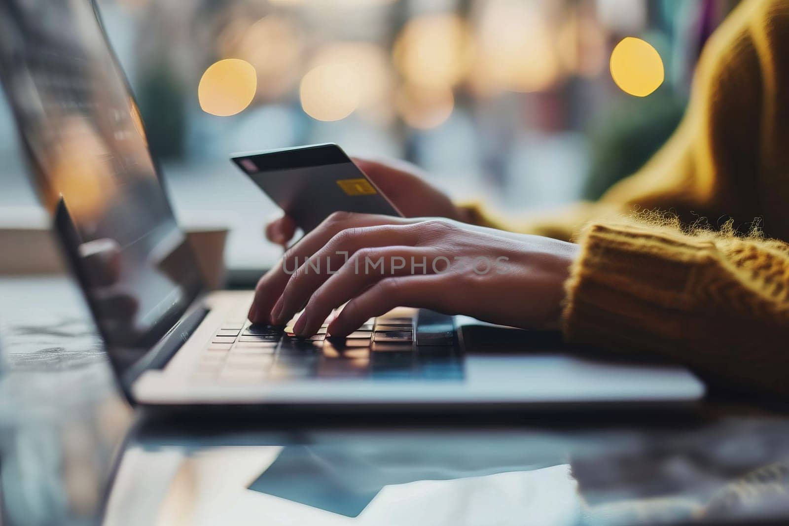 Close up photo of human holding plastic credit card and paying online, online shopping or ordering and online buying concept