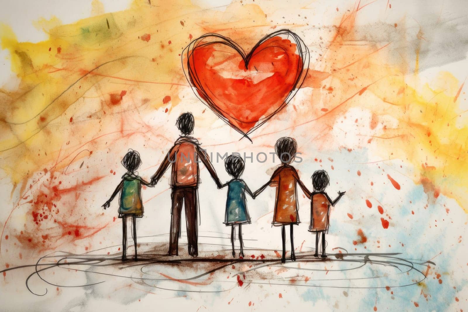 Drawing of family holding hands near heart