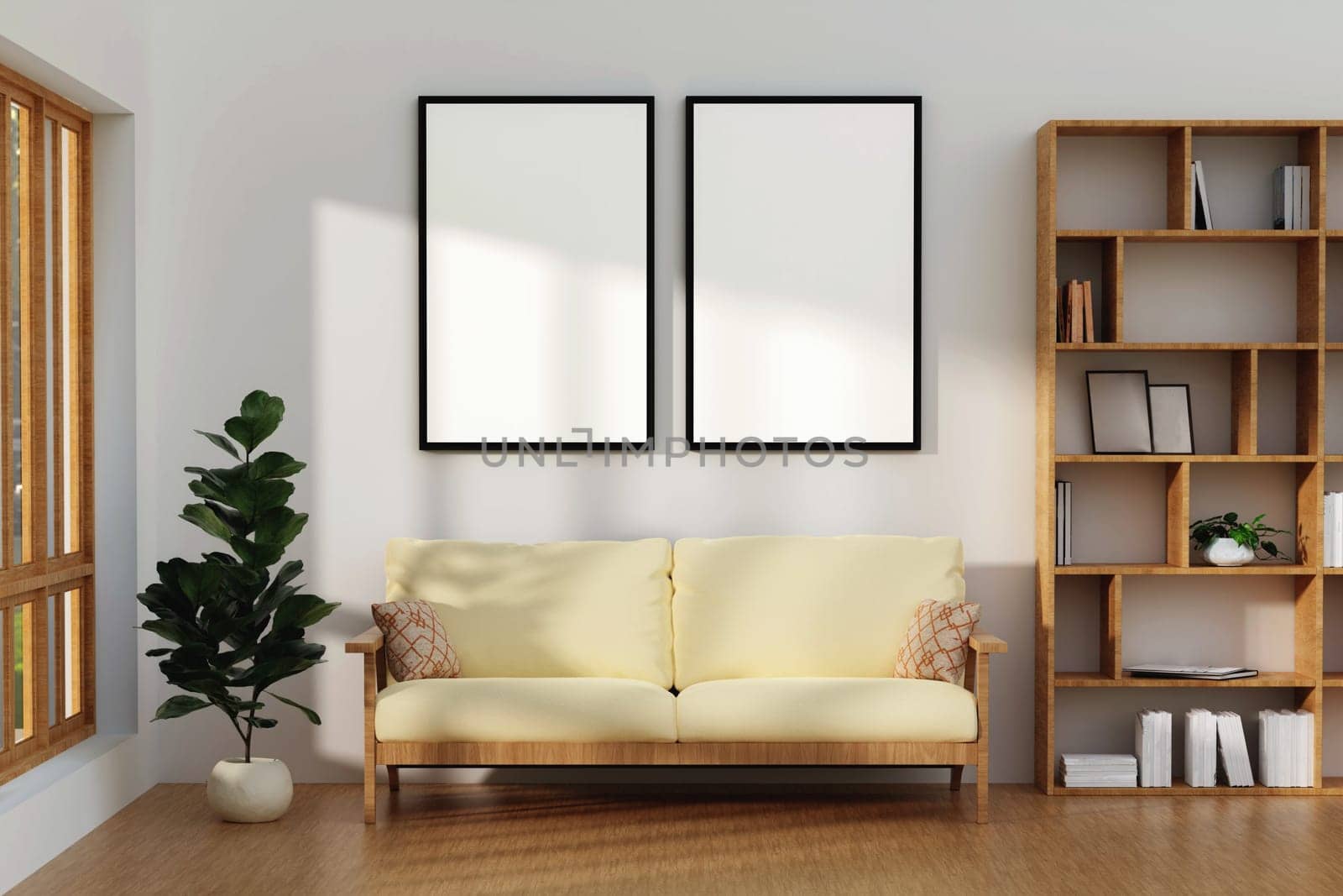 Blank horizontal poster frame mock up in living room interior, modern living room interior background, beige sofa. 3d rendering illustration by meepiangraphic