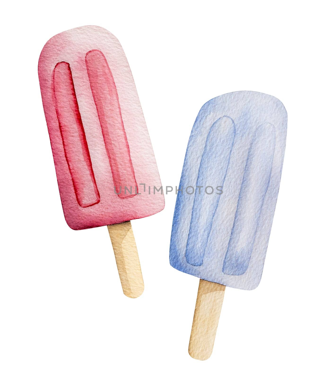 Hand-Painted Watercolor Of Two Portions Of Ice Cream On A Stick, Pink And Blue Summer Clipart