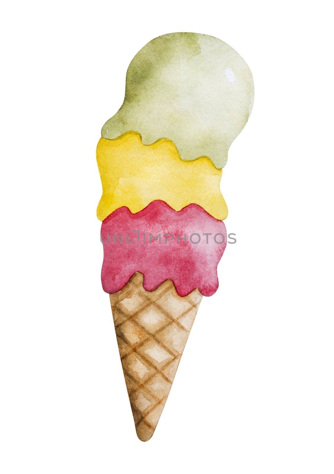 Hand-Painted Watercolor Of A Three-Colored Ice Cream In A Cup Represents Summer Clipart