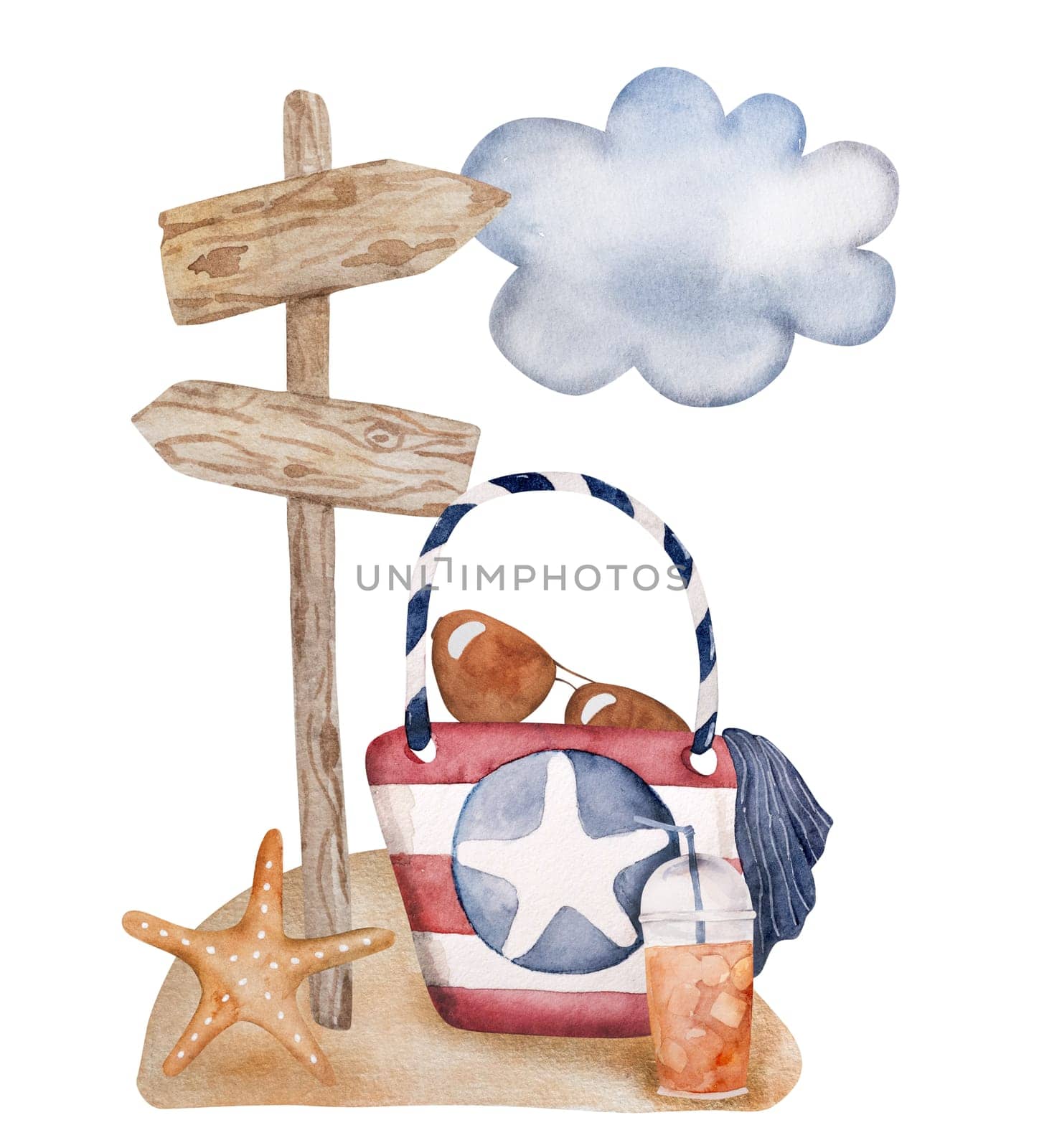 Hand-Painted Watercolor Beach Bag, Cocktail, And Wooden Sign Composition Make A Perfect Summer Clipart