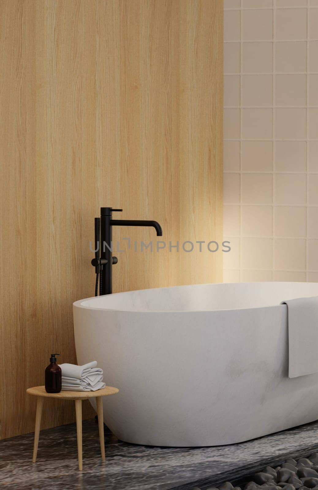 Minimal style white bathroom 3d render, wood wall and ceramic floor, The room has large windows. 3d render.