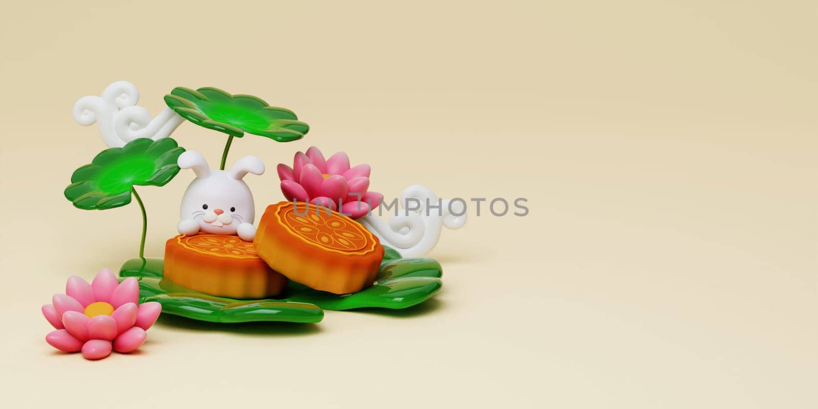 3d cute rabbits on baked mooncake with lotus and cloud on yellow background. Chinese palace aside. Translation: Happy mid autumn festival. 3d render.