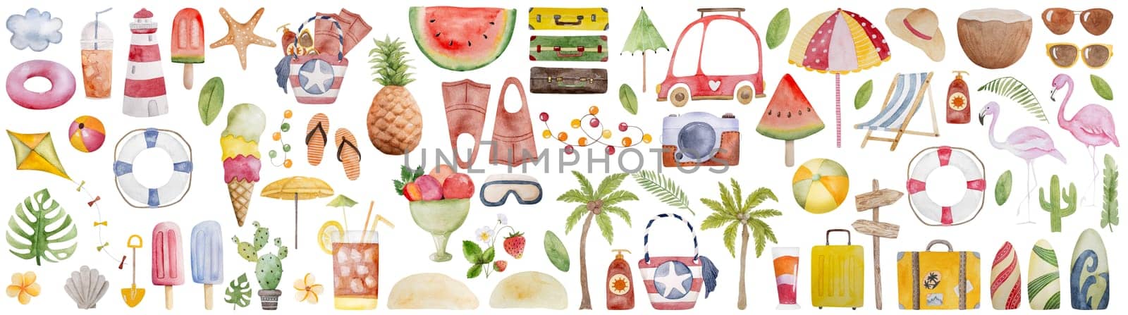 Hand-Painted Watercolor Set Of Images Includes Beach Bag, Flippers, Camera, Cocktail, And Other Summer Clipart