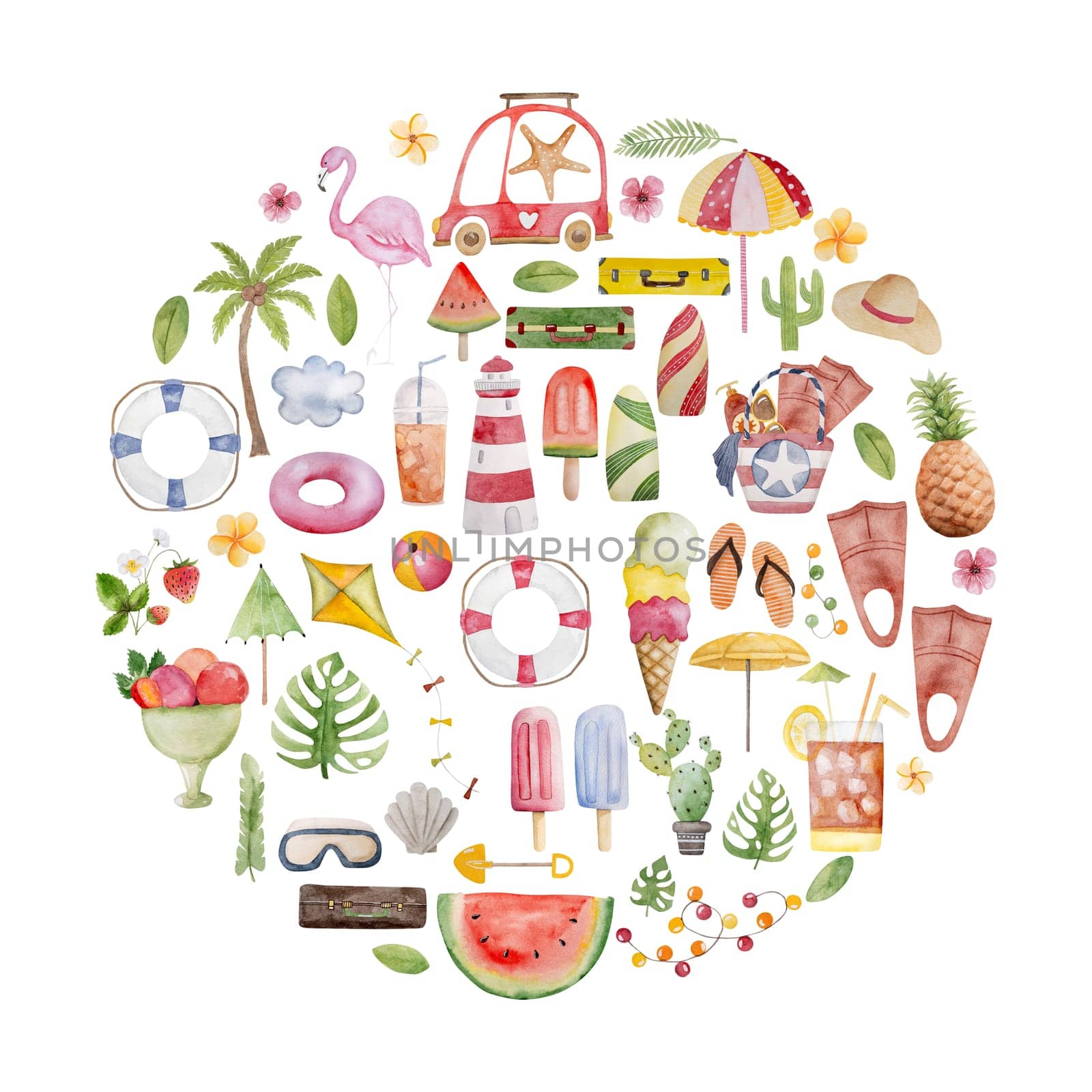 Hand-Painted Watercolor Set Of Circular Images Includes Beach Bag, Flippers, Camera, Cocktail, And Other Summer Clipart