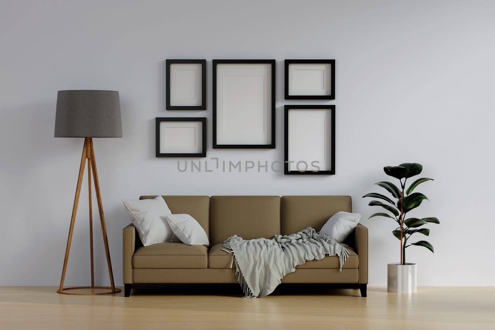Blank poster frame mock up in living room interior, beige sofa, lamp, plant. modern living room interior background, beige sofa. 3d rendering illustration.