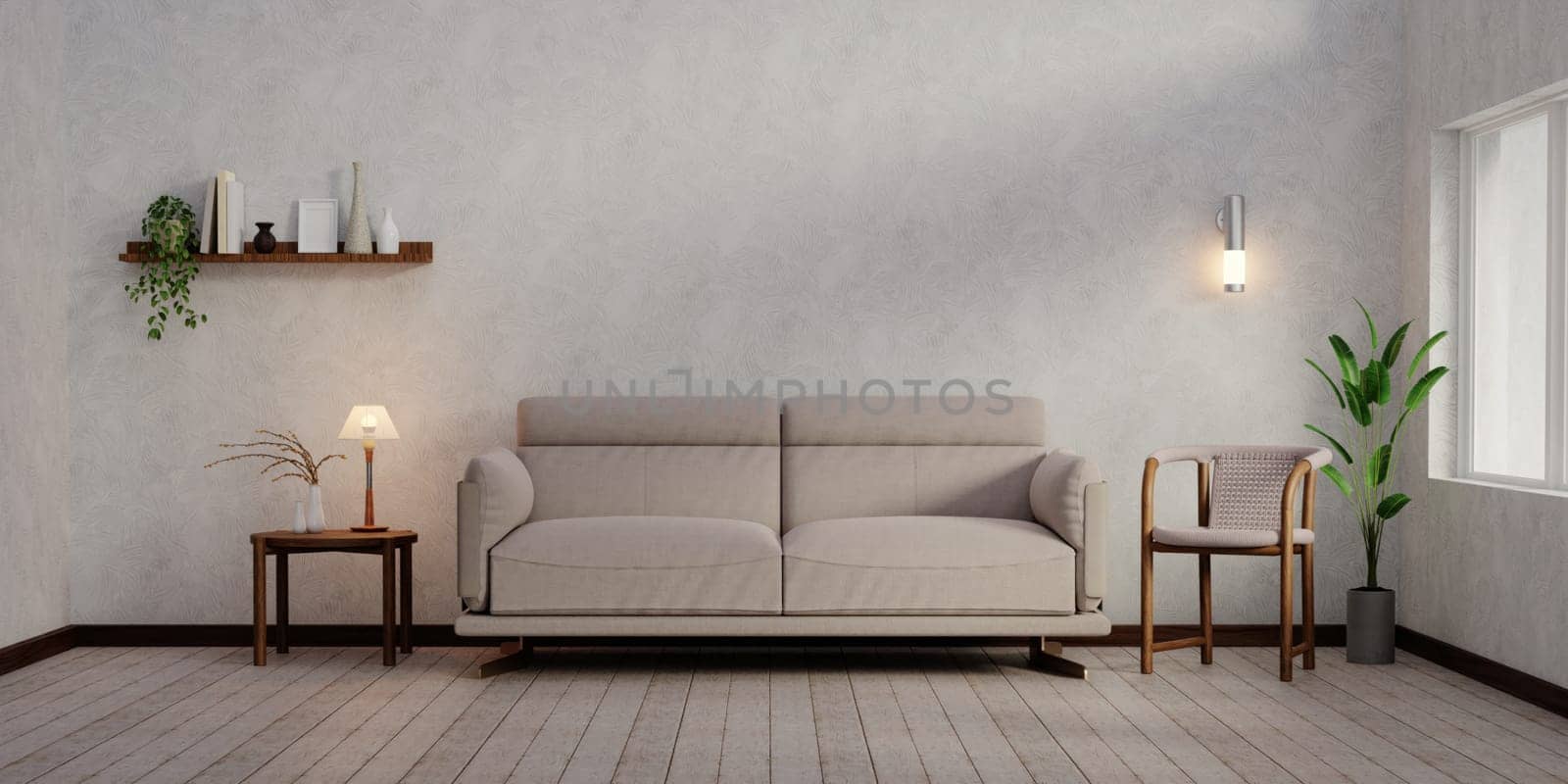 living room interior, beige sofa, lamp, plant. modern living room interior background, beige sofa. 3d rendering illustration by meepiangraphic