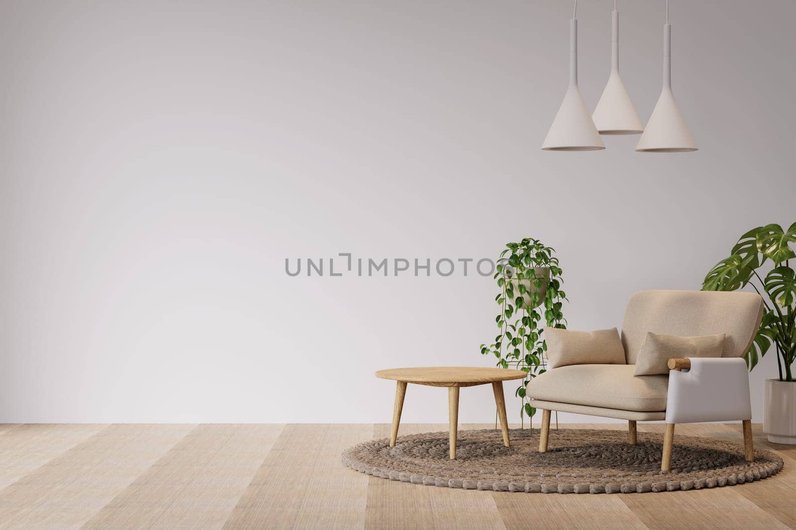 Empty living room with white wall, minimalist armchair and plant, realistic lighting. Decorated home mockup with free space, 3d rendering illustration by meepiangraphic