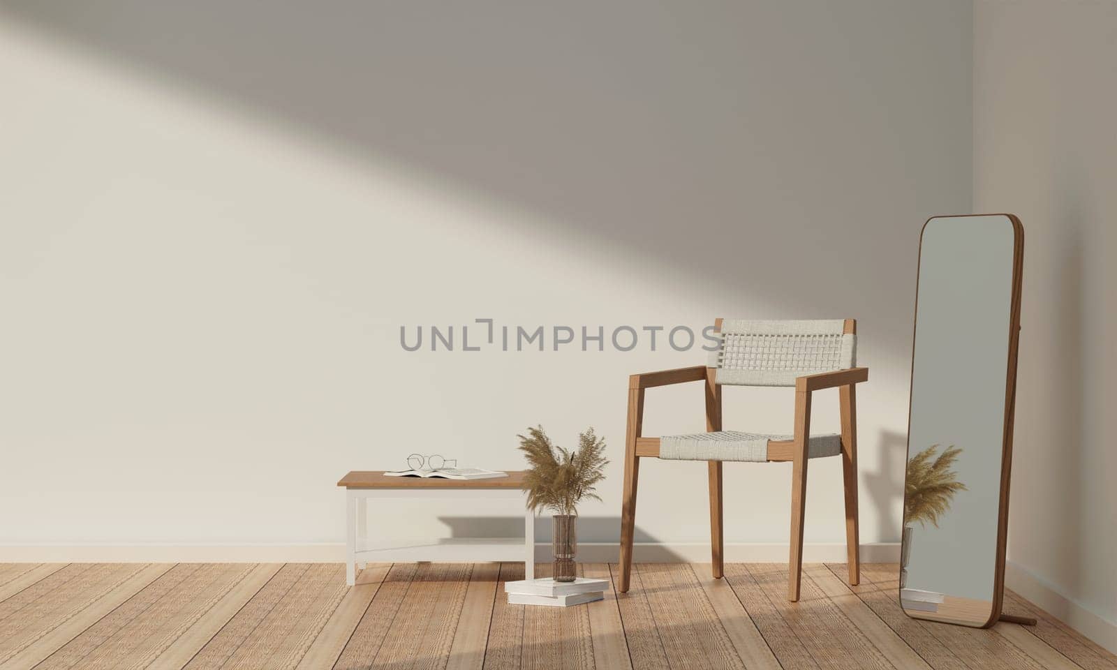 Living room interior mockup. wooden chair with decoration on empty warm neutral wall background. 3d rendering, illustration by meepiangraphic