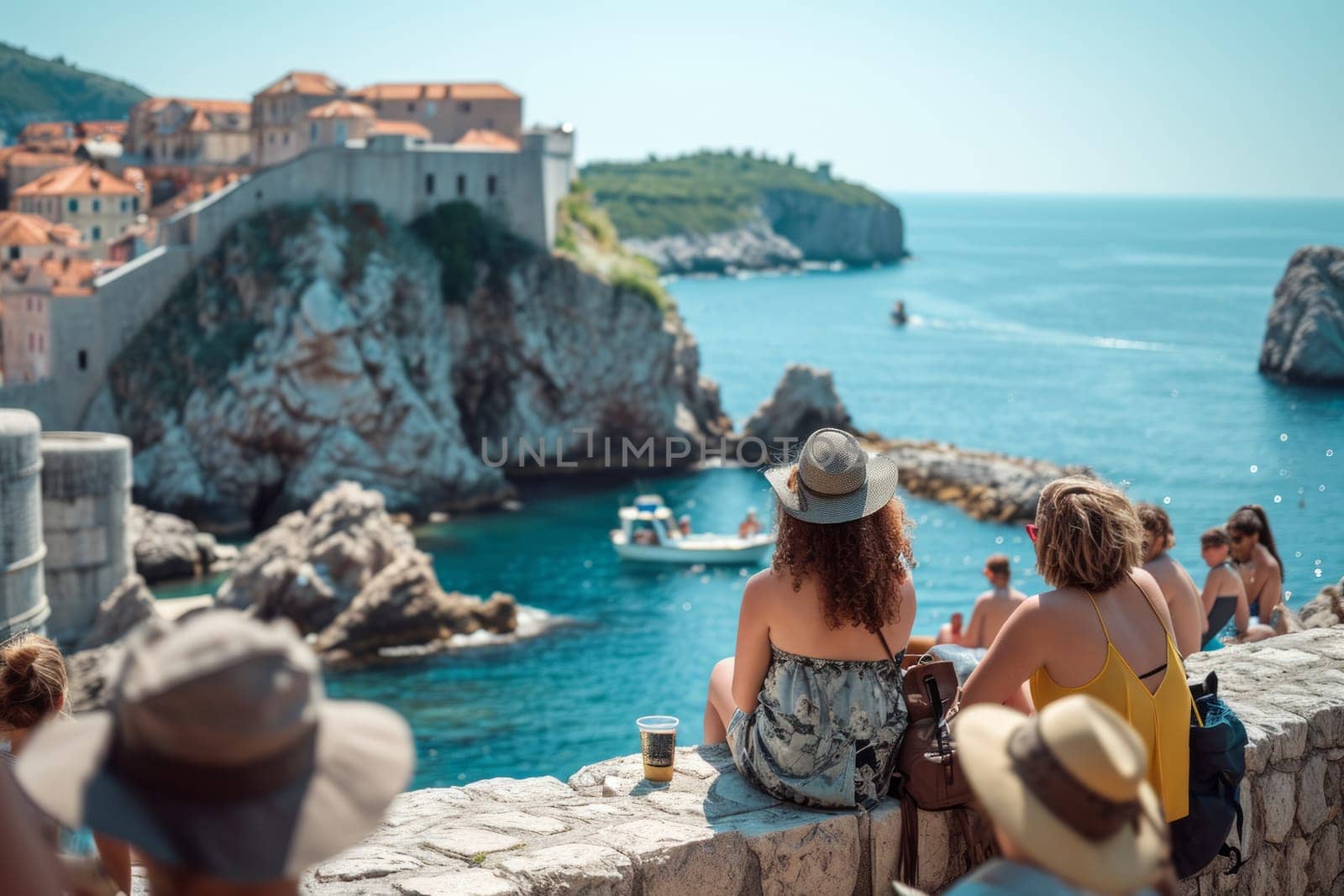 Tourists are walking in a city, beauty summer sunny day, travel concept