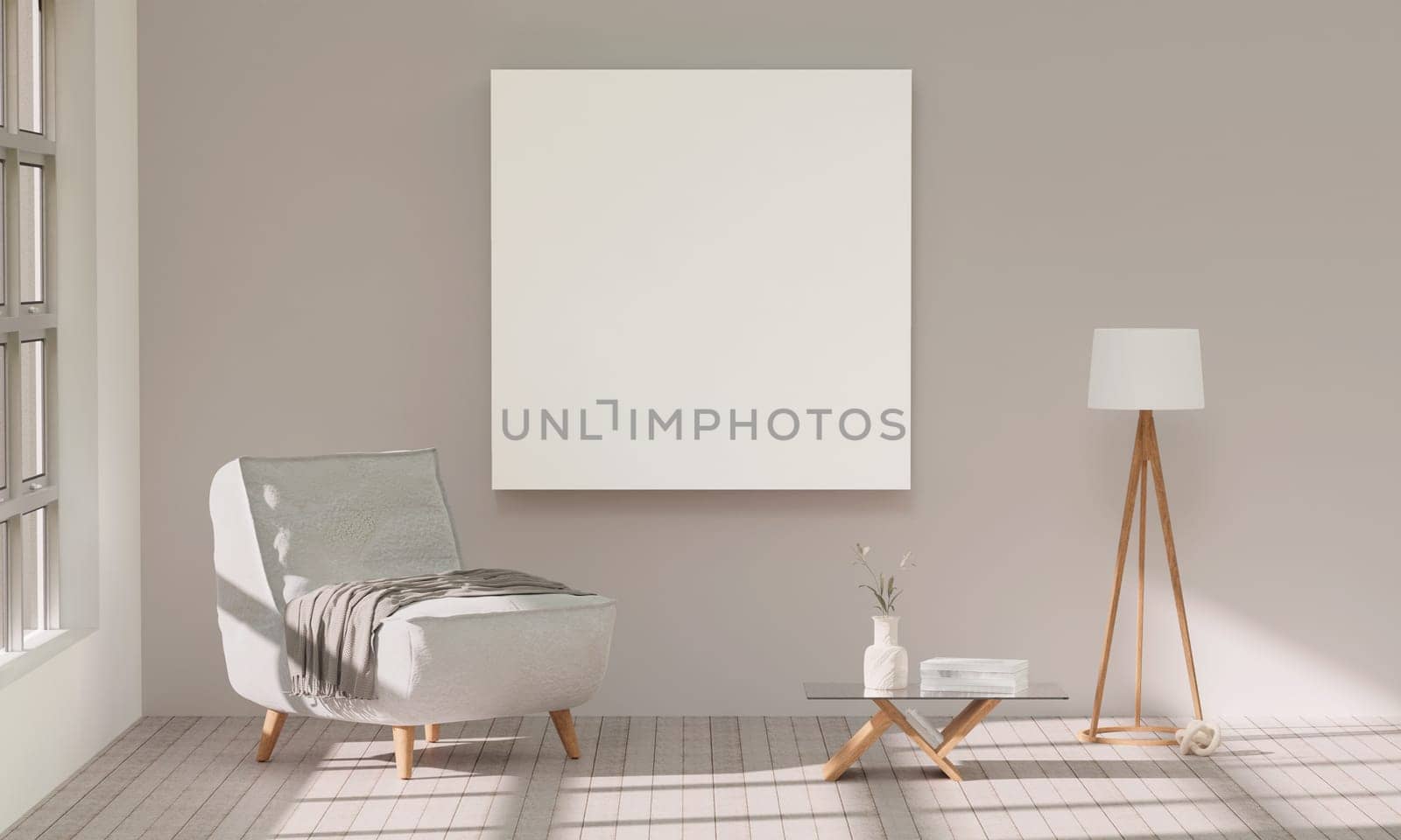 Blank horizontal poster frame mock up in living room interior, modern living room interior background, beige sofa. 3d rendering illustration.