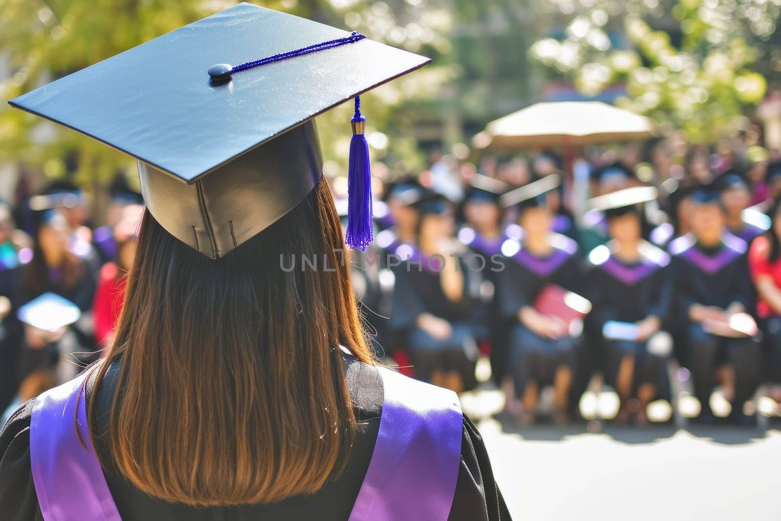 Rear view of university graduates wearing an academic gown and cap on background of university. Education concept