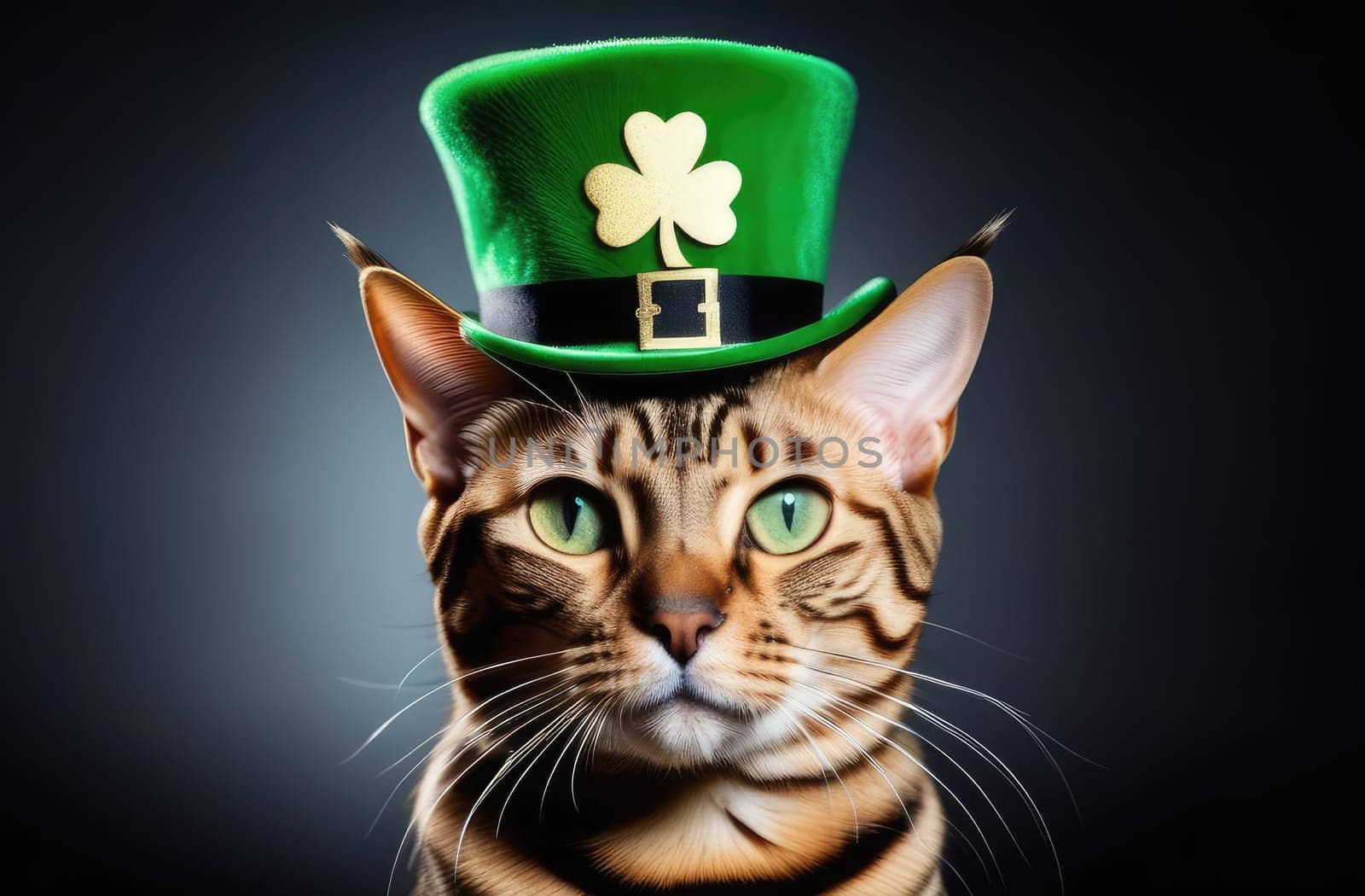 St.Patrick 's Day. A Bengal cat wearing a green top hat with a gold pattern in the form of a maple leaf on a black background. Copy space. Close-up.