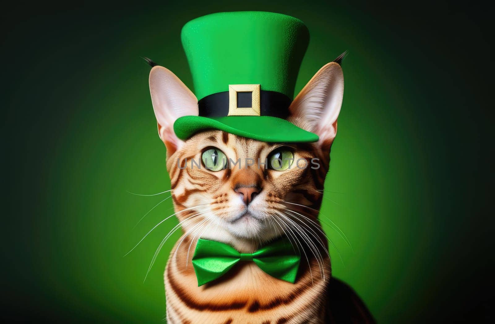 St.Patrick 's Day. A Bengal cat wearing a green top hat and a green bow tie on his neck, on a green background. Concept. Copy space. Close-up.